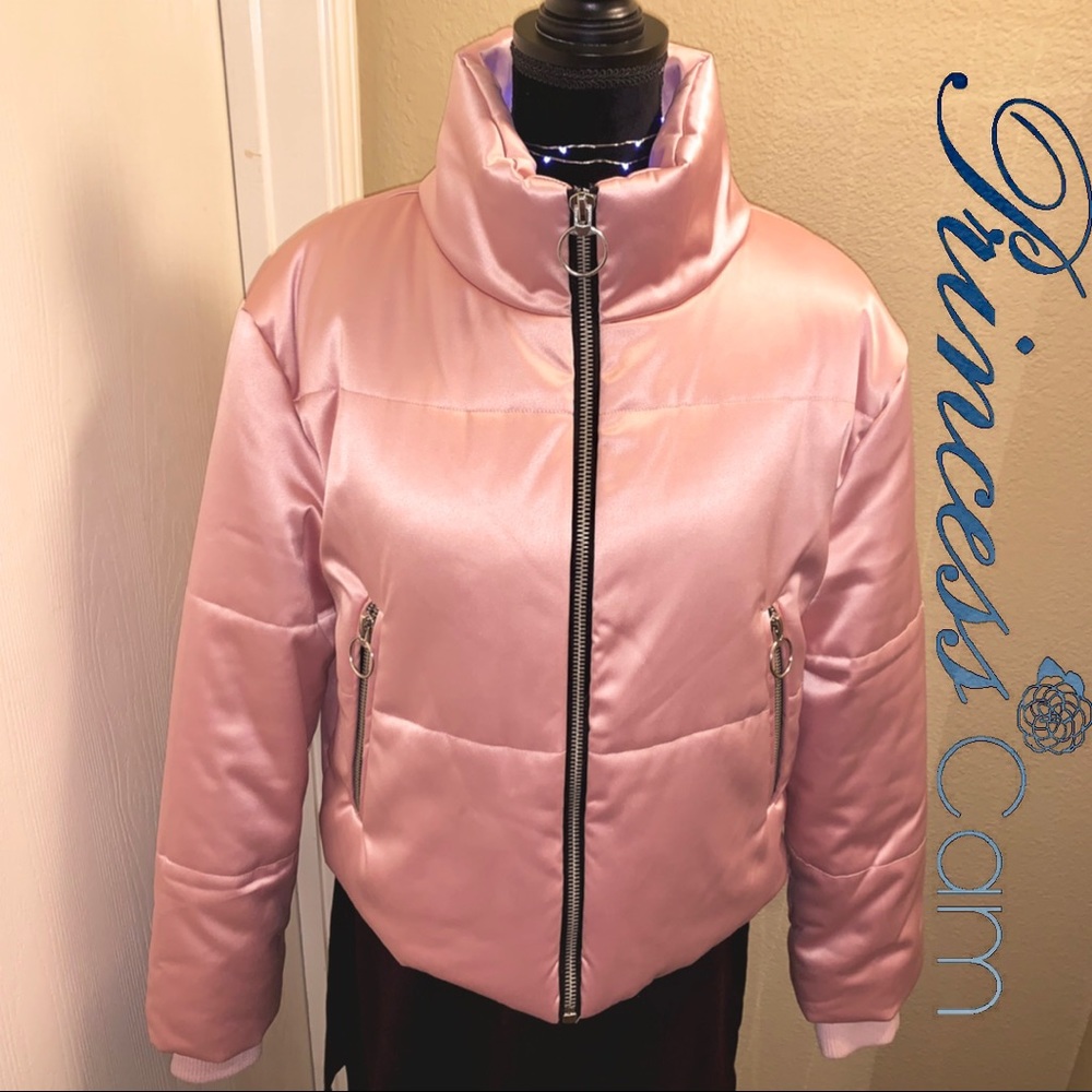 πBagatelle Blush Metallic Satin Zip Bomber Jacket - Picture 1 of 7